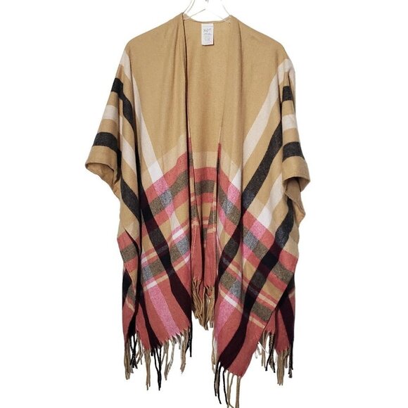 Woolrich Plaid Fringe Blanket Wrap Shawl Cape Tan Pink Poncho Womens One Size - Picture 1 of 6